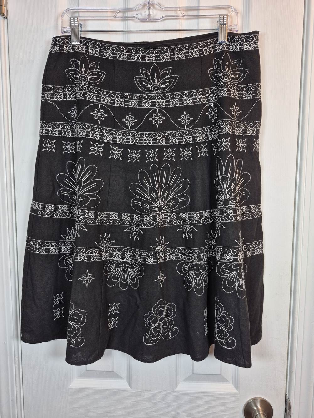 Carole Little Boho Linen Blend Embroidered Midi A-Line Skirt Black Vintage 8